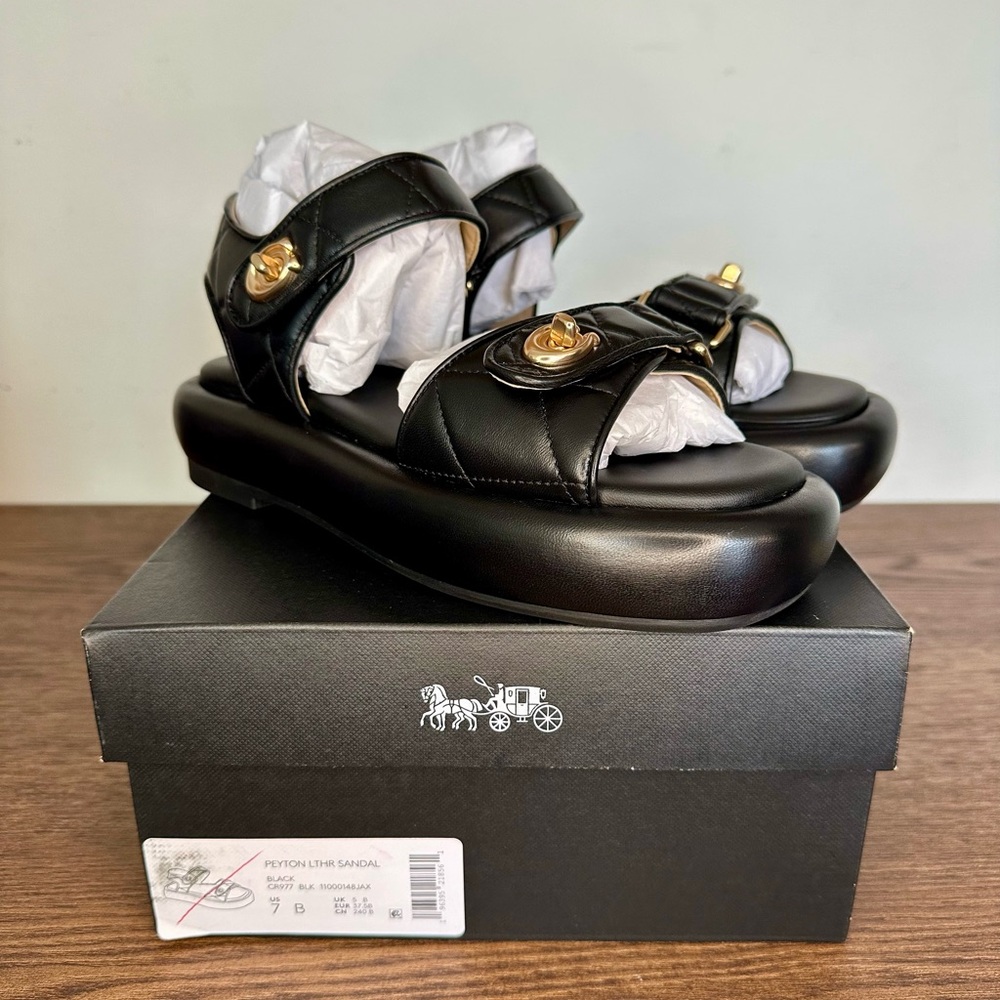 New Coach Peyton Leather Sandal Black Size 7